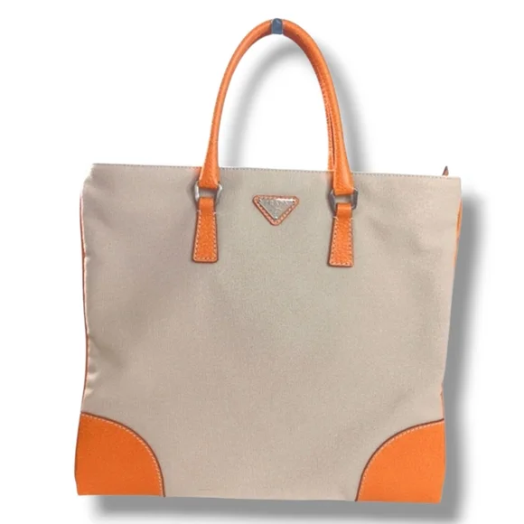Prada Cinghiale Trimmed Y2K Cream Tan Orange Structured Vintage Canapa Tote Bag - Picture 2 of 14